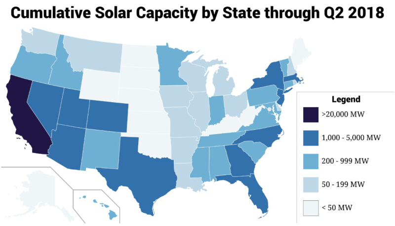 Solar capacity map in the USA by state.