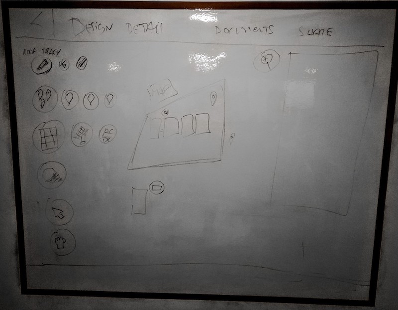 First design tool UI draft drawn on a whiteboard.