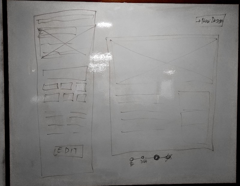 First project management UI draft drawn on a whiteboard.