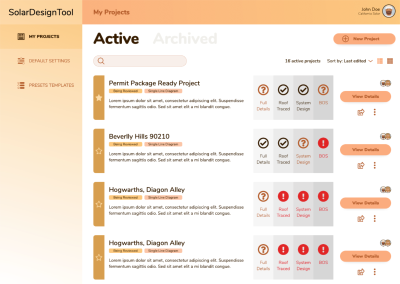 First UI prototype for project management screen.