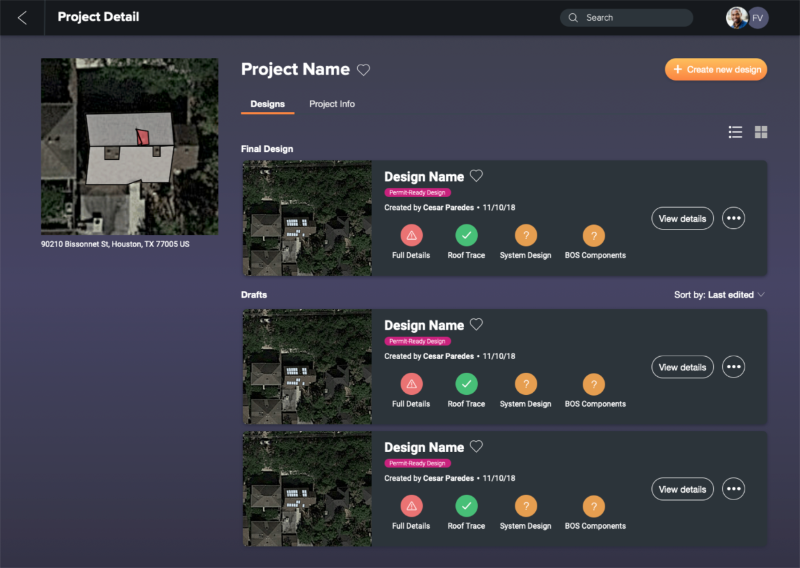 First dark theme UI prototype for project management screen, with dark purple gradient background.