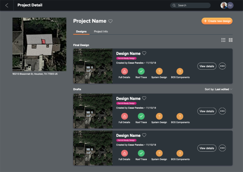 First dark theme UI prototype for project management screen, with dark gray gradient background.
