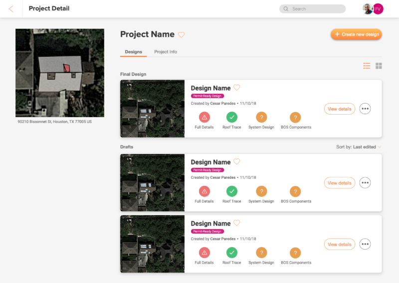 First light theme UI prototype for project management screen.